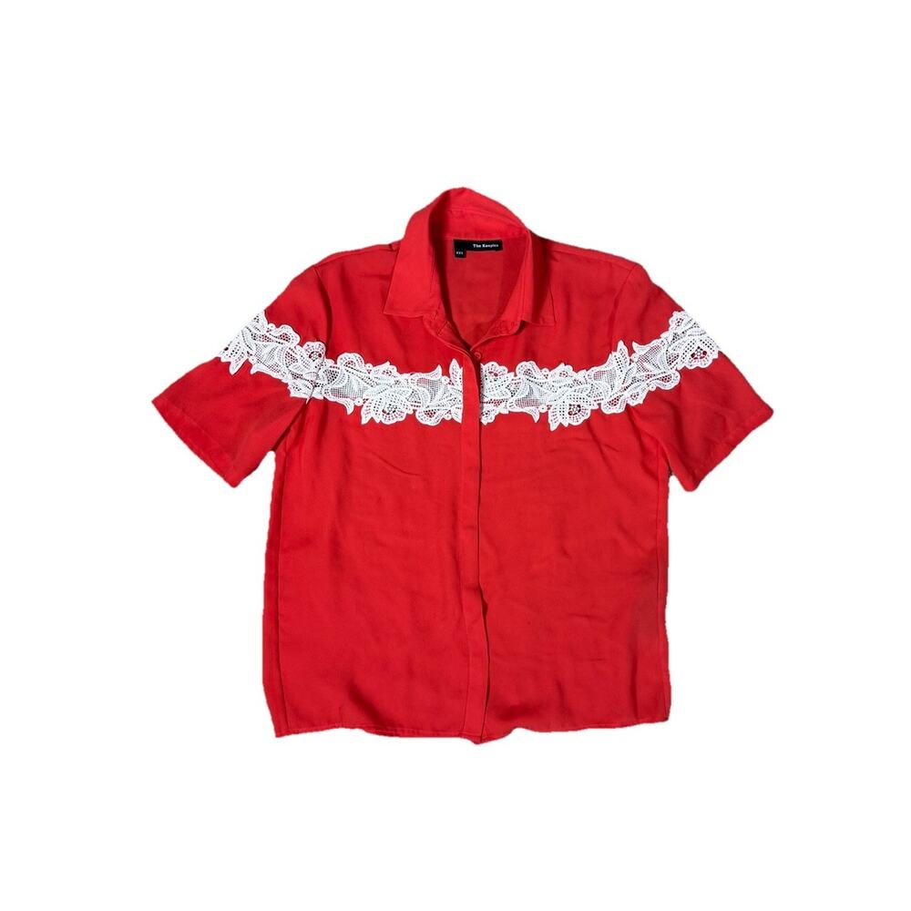The Kooples Red Oversized Top XXS Red White Lace Short Sleeve Button Up Shirt